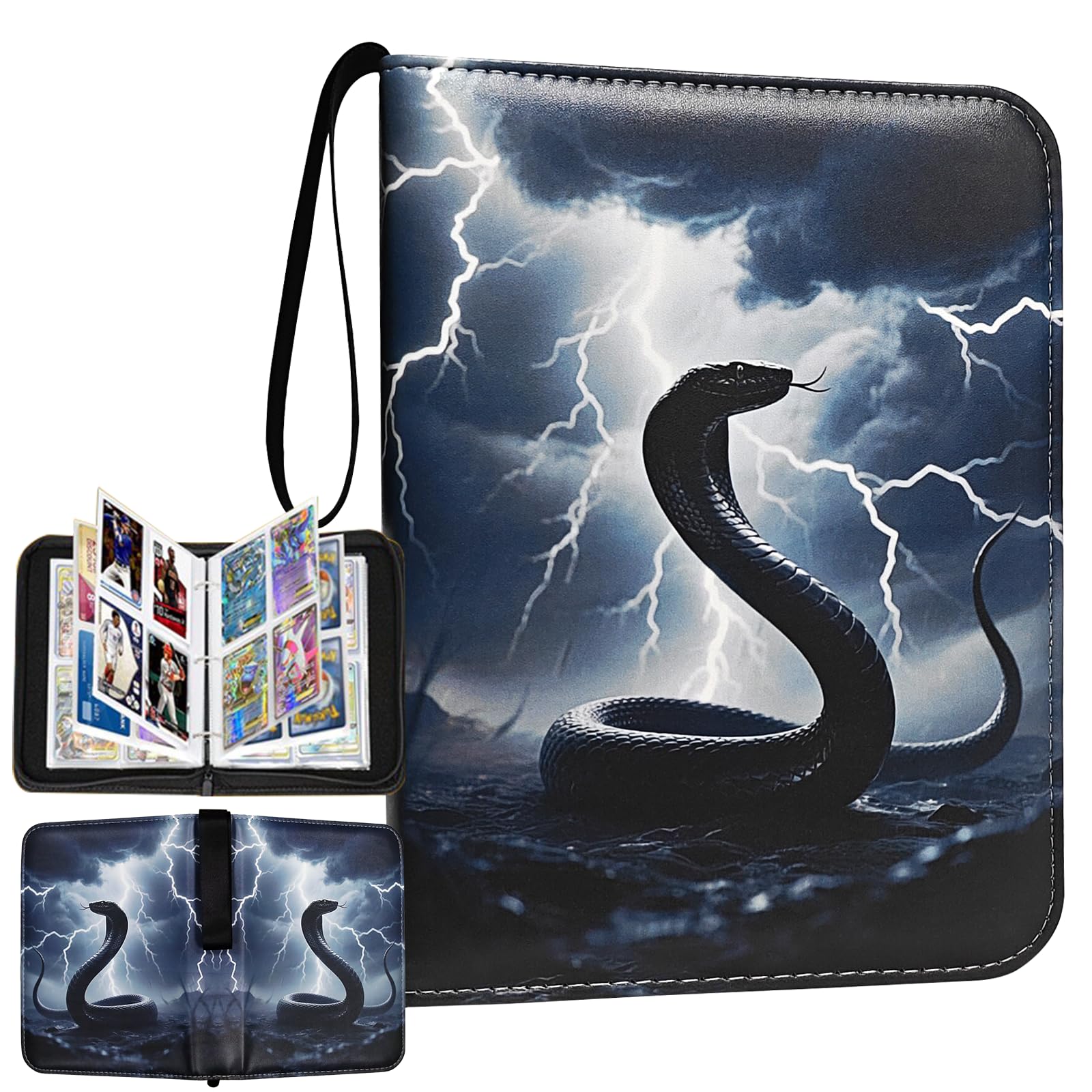 Sihdnok Trading Card Binder  enhanced 4-Pocket Album with 400 Removable Side-Loading Sleeves  PU Waterproof  Cool Black Serpent Cover  Gray Holder for Game  Sports  Business  and Coupon Cards