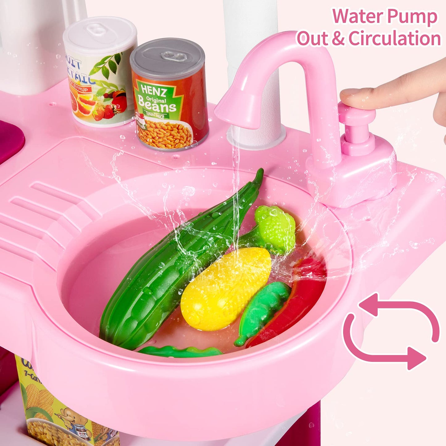 Temi Play Kitchen Playset Pretend Food - 53 PCS Pink Kitchen Toys for Toddlers, Toy Accessories Toddler Set w/Real Sounds and Li