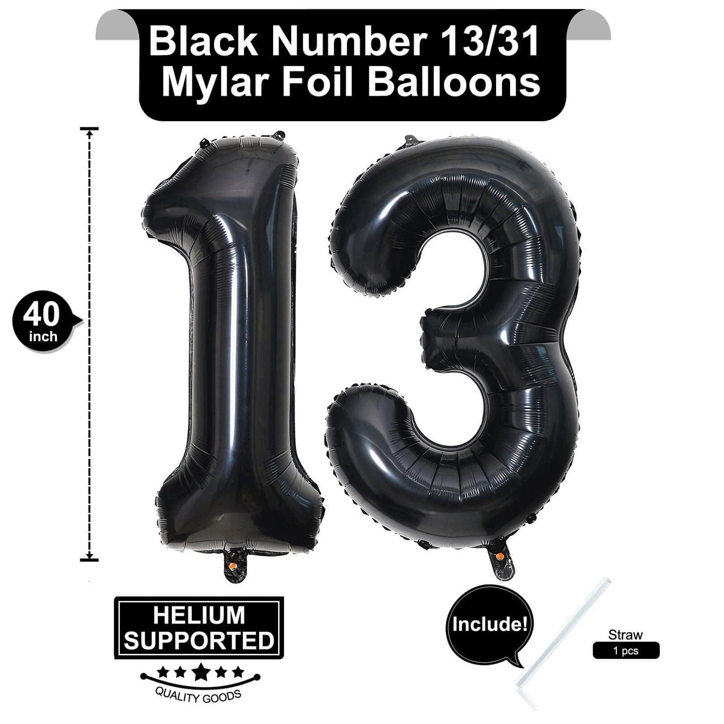 40 Inch Black 13 Number Balloons Giant Jumbo Huge 13 Or 31 Foil Mylar Helium Number Digital Balloons Black Birthday Mylar Digita