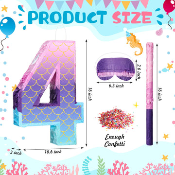 Shappy 16 Inch Mermaid Piñata Purple Number Birthday Piñata Birthday Party With Stick Blindfold Confetti For Birthday Anniversary Celebration Decoration Supplies(Number 4)