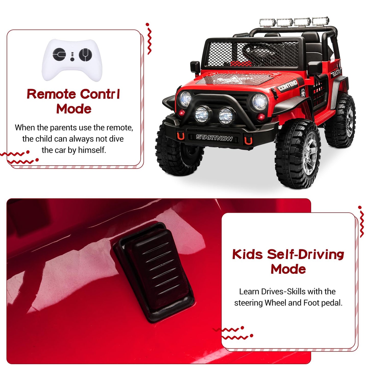 Sehomy 2-Seater Ride On Car, 12V Kids Electric Car Truck W/Remote, Spring Suspension, Wide Seat, Music, 3 Speeds, Led Lights, 4