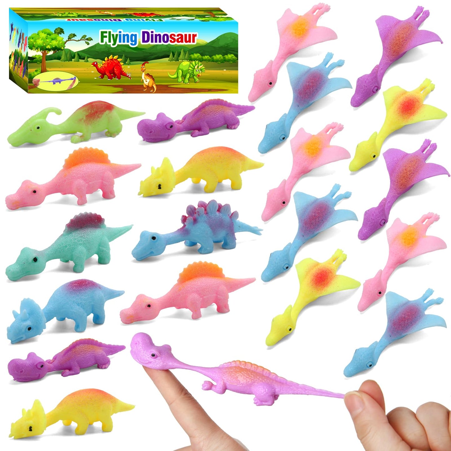 20 Pcs Slingshot Dinosaur Finger Toys, Halloween Toys Party Favors for Kids Sticky Rubber Dino Flying Catapult Fidget Toys for B