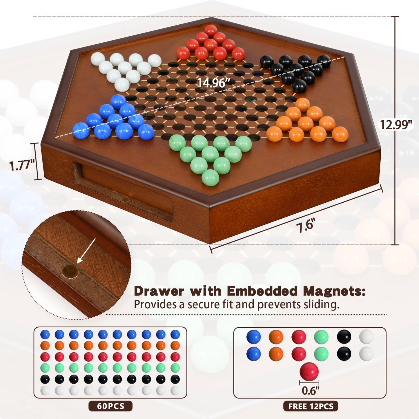DecoWoodo 15 Large Upgraded Wooden Chinese Checkers Game Board - enhanced 16mm Glass Marbles (60 + 12 Extras)  Easy Grip  Storage Drawer  Ideal Multi-Player Puzzle Game for 2-6 Players