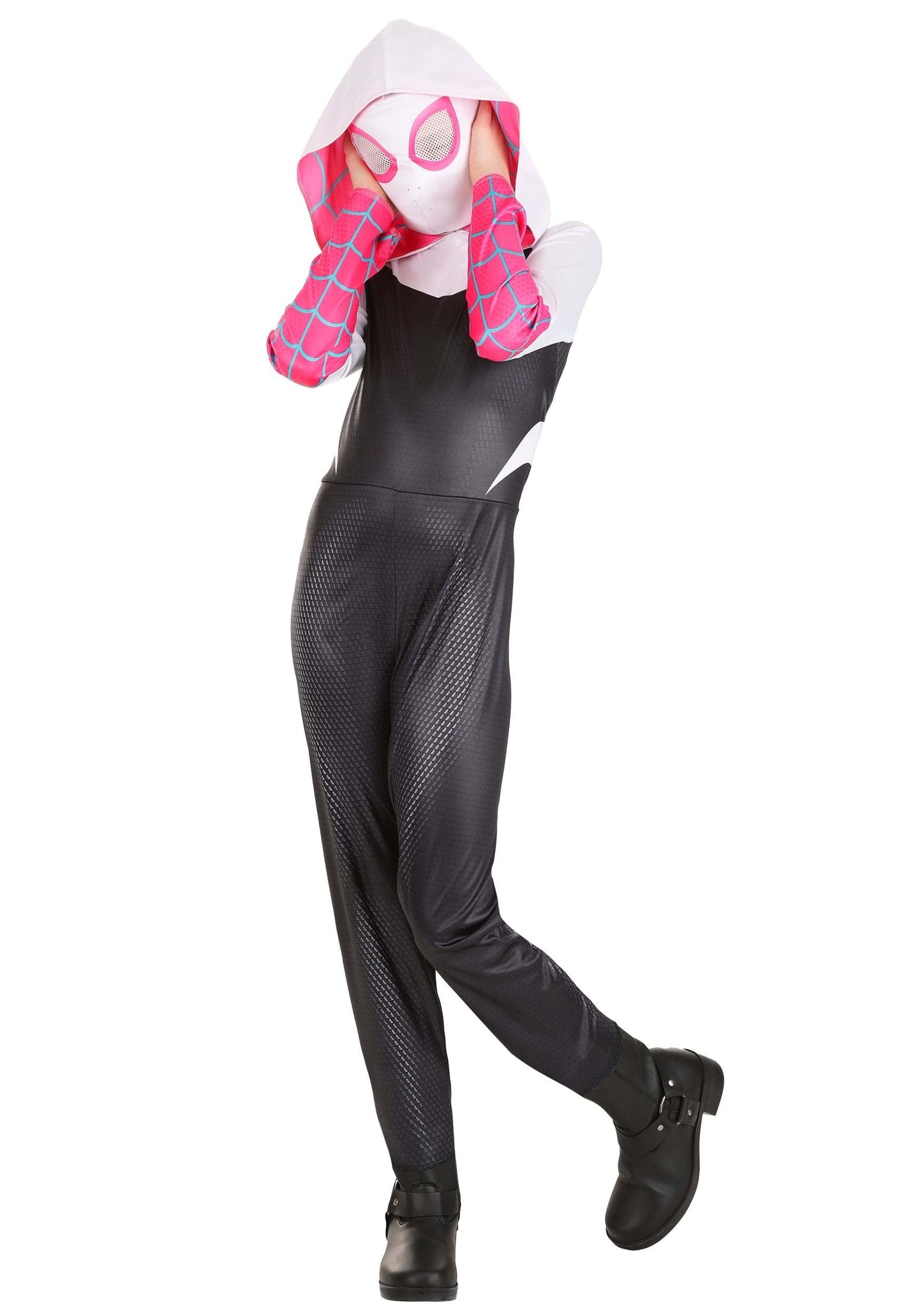 Marvel Spider-Gwen Official Youth Halloween Costume - Premium Quality Hooded Jumpsuit With Pull On Fabric Mask (Medium)