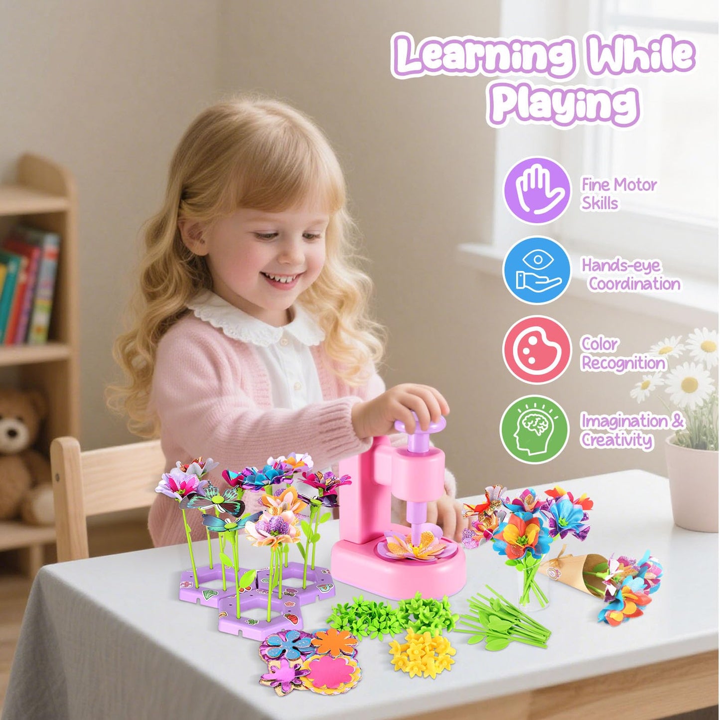 DIY Flower Craft Kit, Fabric Flower Bouquets Toys, DIY Craft Kits Toys Flowers Making Kit for Kids, Creative Christmas Birthday