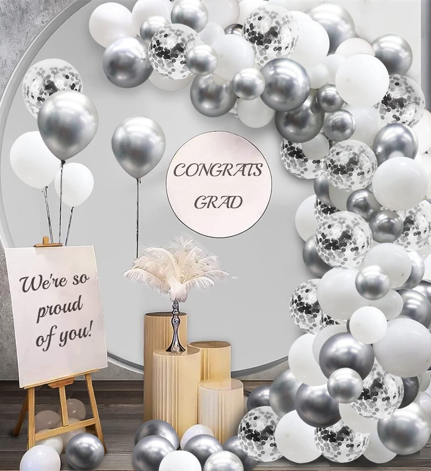 White And Silver Balloons Garland Arch Kit 5'10 Inch 12' White Silver Metallic Confetti Latex Balloons Arch Set For Christmas Winter Wonderland Birthday Baby Shower Wedding Party Winter Decor