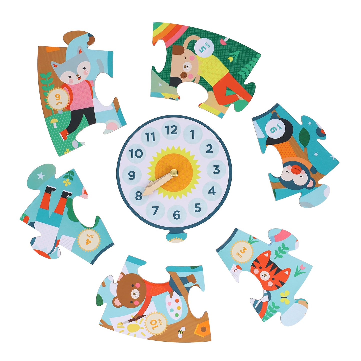 Petit Collage Floor Puzzle, Telling The Time, 24-Pieces - Large Puzzle For Kids, Wooden Clock Hands Can Be Moved To Show The Tim