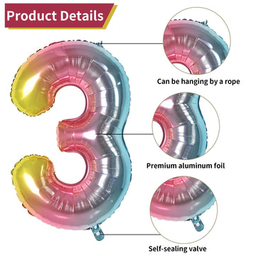 Biapian 40 Inch Rainbow Number 3 Balloons, 7Pcs Large Gradient Number 3 Birthday Balloons With Pink Blue Yellow Foil Heart Shape
