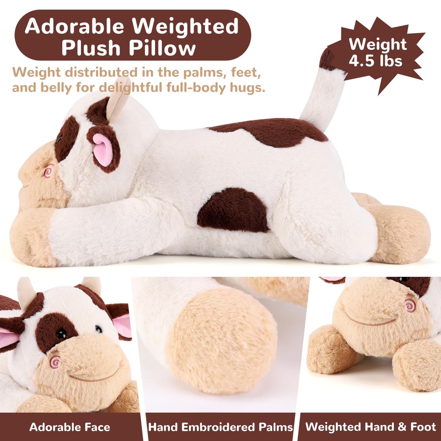 gnomantic Cow Weighted Stuffed Animal - 22" 4.5 lbs Plush Toy, Brown Cotton Plush Pillow for Kids & Adults