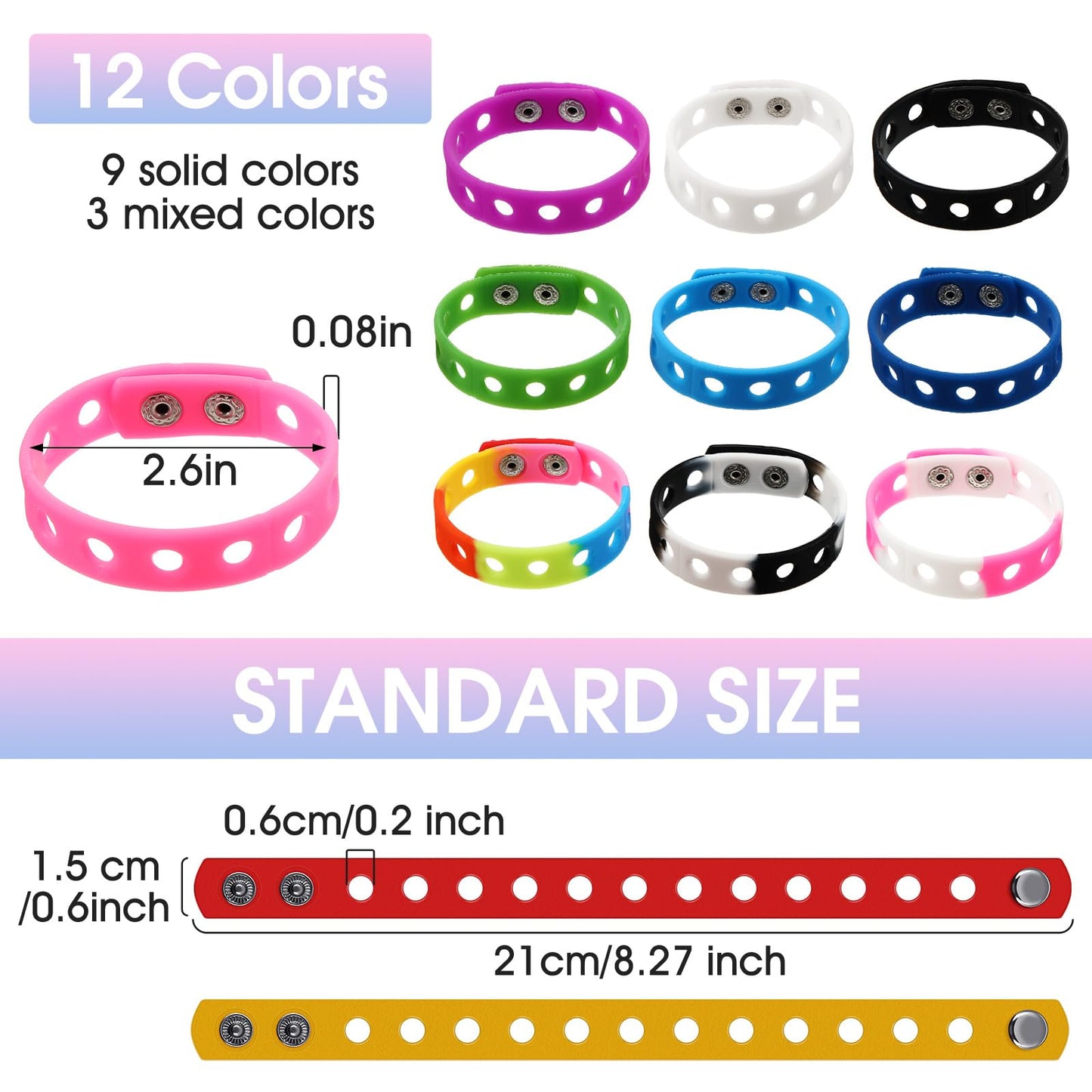 Mtlee 12 Pieces Silicone Wristbands Adjustable Rubber Bracelets Colorful Cute Charm Bracelets With Holes For Shoe Charm Boys Gir