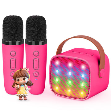 VERKB Mini Karaoke Machine with 2 Wireless Microphones for Kids  Kids Toys for Girls and Boys  Portable Bluetooth Speaker Gift for Girls 4  5  6  7  8+ Year Old Birthday Party(Rose Red)
