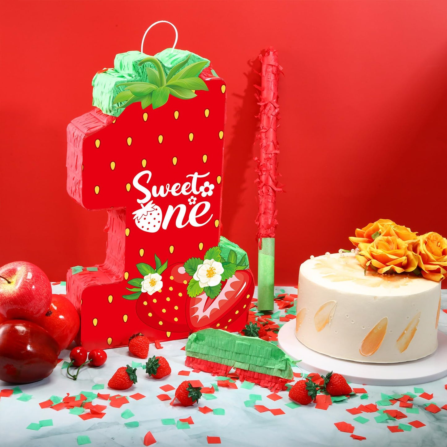 Aoriher Strawberry Piñata - Cardboard, Berry Color, 1st Birthday Party Game Supplies & Decor with Stick, Blindfold, and Confetti