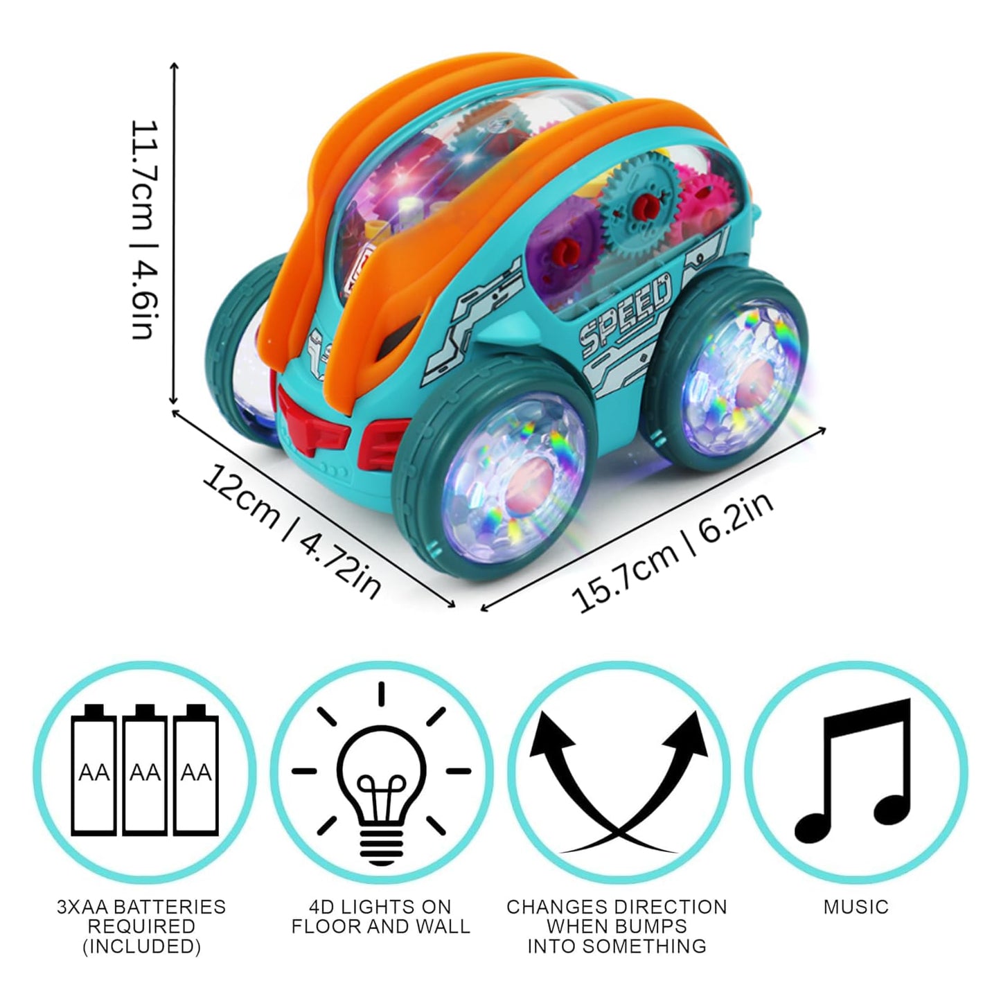 Piegricdiat Speedlite Dynamic Gear-Powered Car With Led Lights, Children'S Transparent Luminous Toy Car, Bump And Go Toy Cars Wi