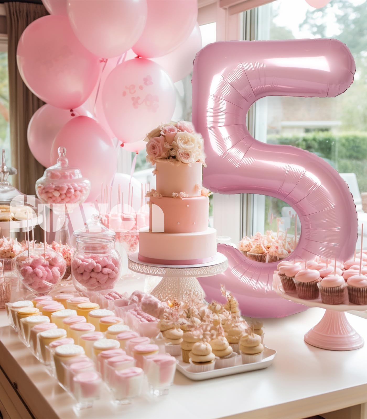 Suwen 40 Inch Pink Large 5 Number Balloons Big Foil Helium Number Balloons 0-9 Jumbo Happy 5Th Mylar Birthday Party Decorations