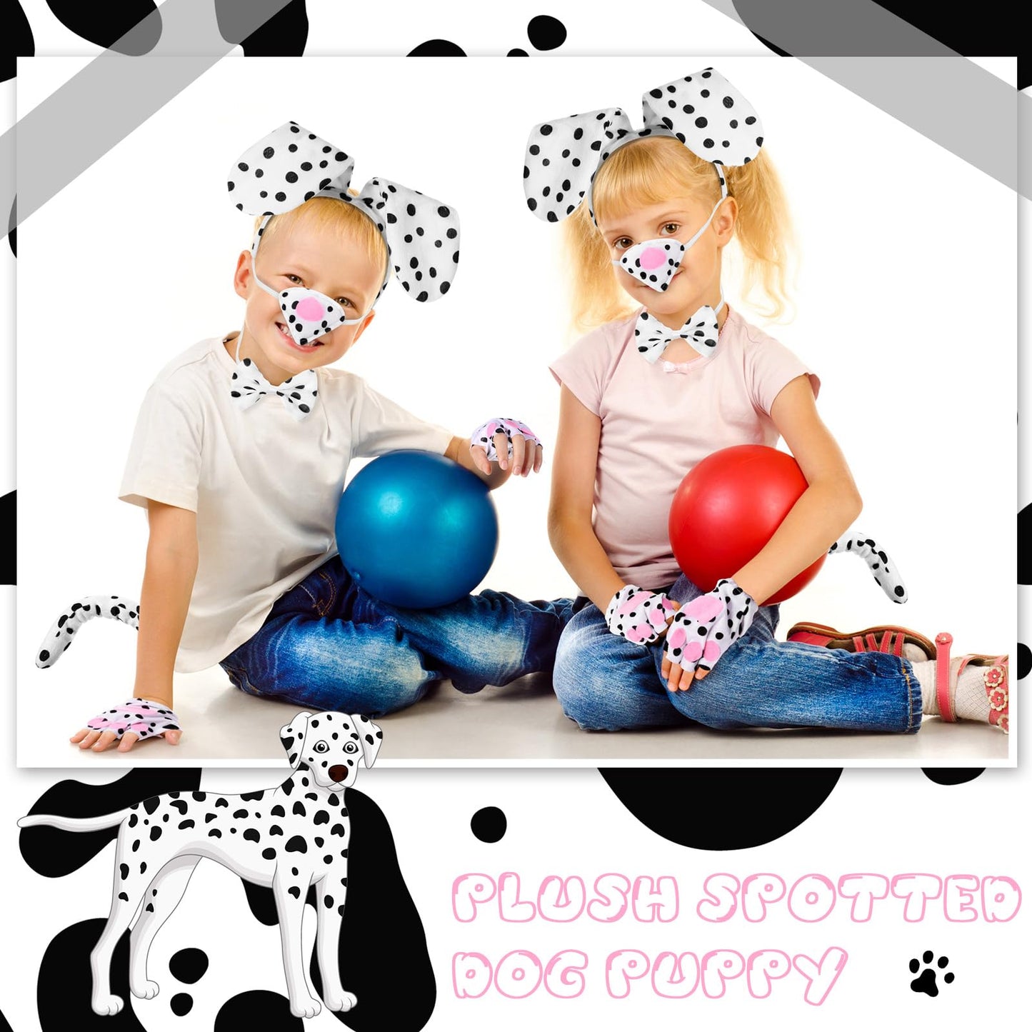Syhood Puppy Dog Costume Set Kids Dog Ears Headband Bowtie Nose Tail Paw Gloves Puppy Animal Costume For Halloween Carnival World Book Day(Black White,Classic Style)