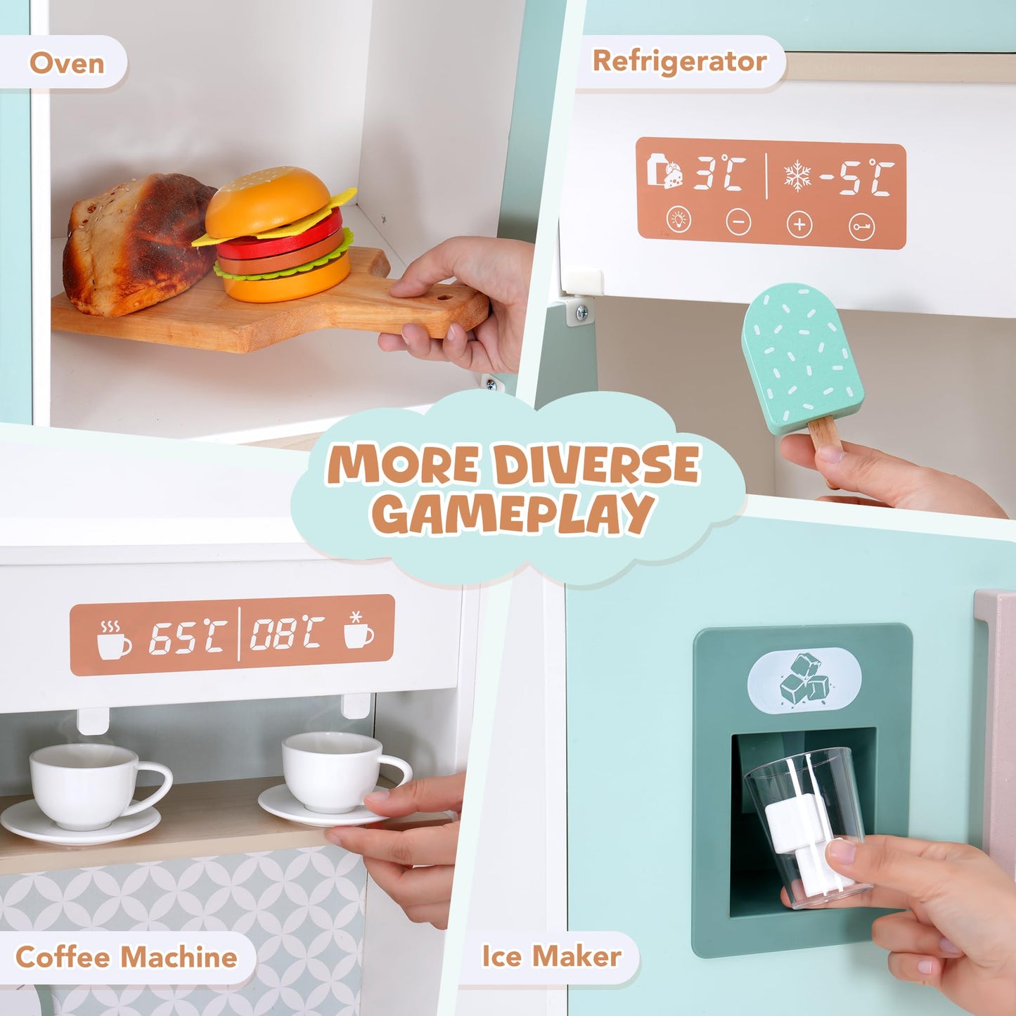 Wooden Play Kitchen For Kids Toddlers, Kitchen Playset With Stove, Oven, Sink, Fridge And Accessories Toy Kitchen Set With Plent