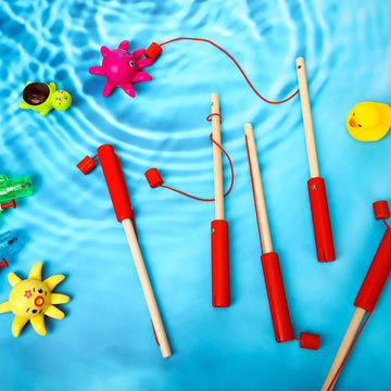 Sumind 6 Pcs Magnetic Fishing Pole Wooden Magnetic Fishing Rods With Magnet Hooks Christmas Fishing Game Toy Gifts For Birthday Party(Red,Column)