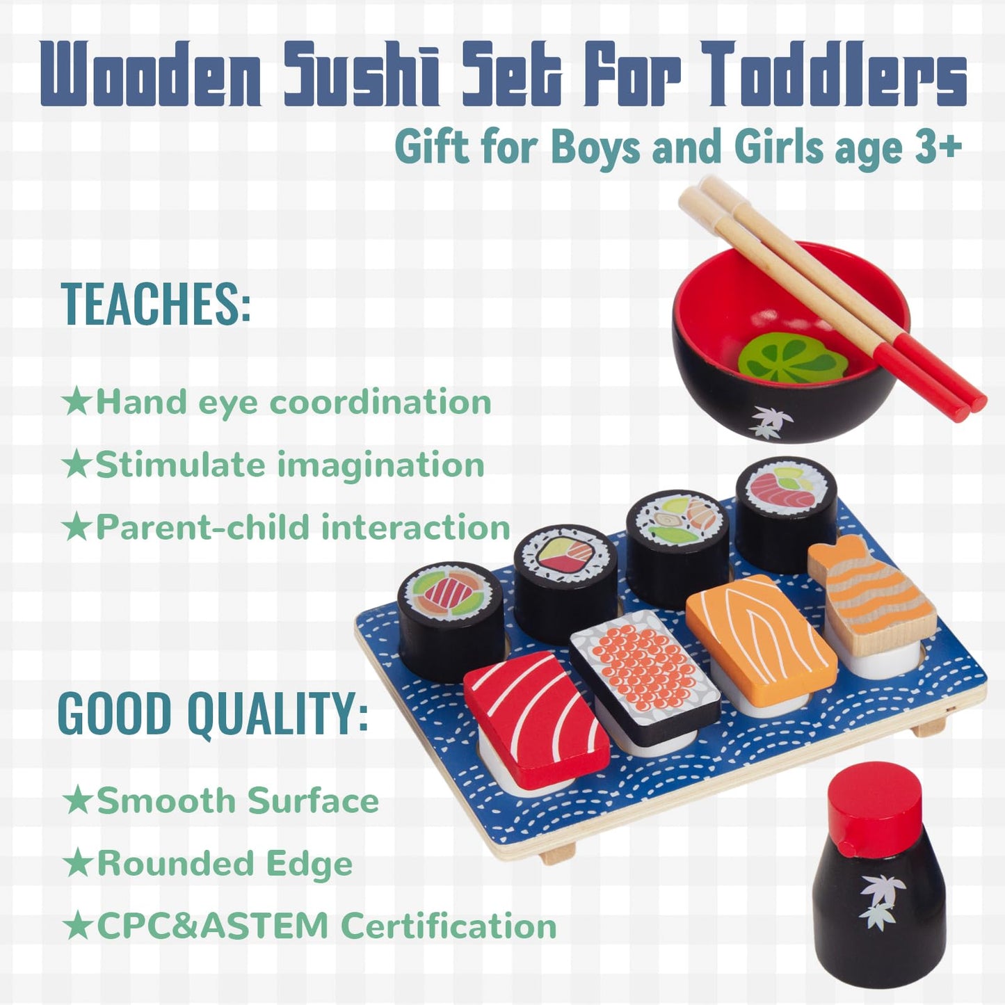WoodenEdu Sushi Slicing Play Food Set, Wooden Pretend Play Kitchen Toys for Kids 3+, Sushi Food Play Learning Toy for Girls Boys