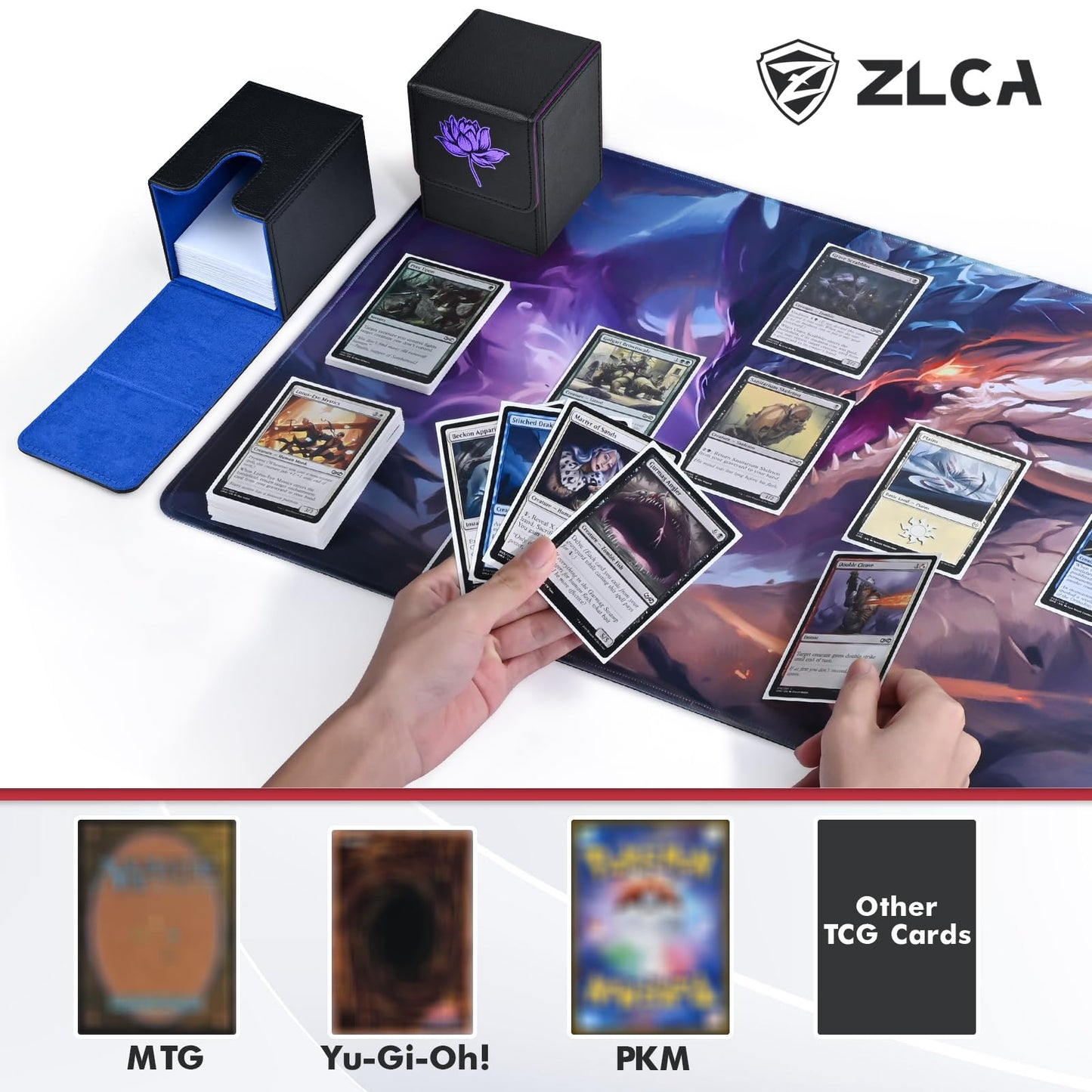 Zlca Card Deck Box For Mtg Cards With 2 Dividers, Card Storage Box Fits 100+ Single Sleeved Cards, Pu Leather Tcg Card Deck Case Holder For Magic Commander Yugioh (Black&Blue,Lotus)