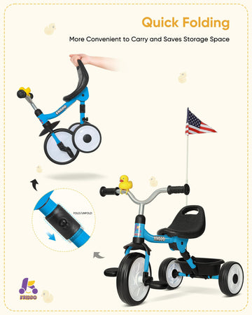 KRIDDO Kids Tricycle for 18 Months to 3 Years, Foldable Toddler Tricycle with Storage Basket, Kids Trike for 2 Years, Adjustable