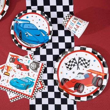 Wernnsai Racing Car Party Supplies For Boys - 64 Pcs Disposable Party Tableware Kit Includes Paper Luncheon Dinner Dessert Cake Plates Napkins Cups Birthday Party Dinnerware Serves 16 Guests