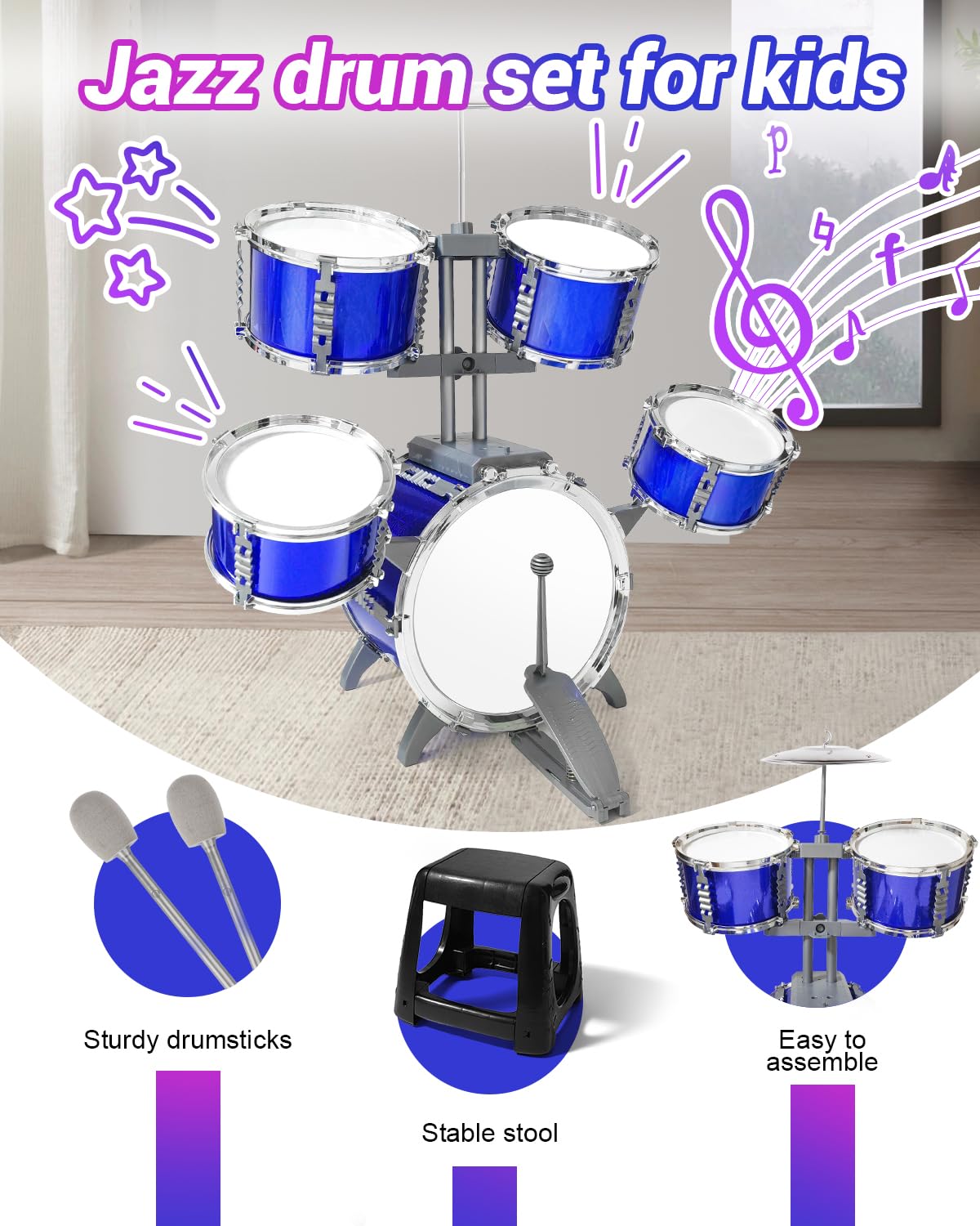Toddlers Drum Set For Kids, Kids Drum Set Kit Musical Toys For 4 5 6 7 Year Old Birthday Gifts, Jazz Drum Set For Kids 3-5 Music
