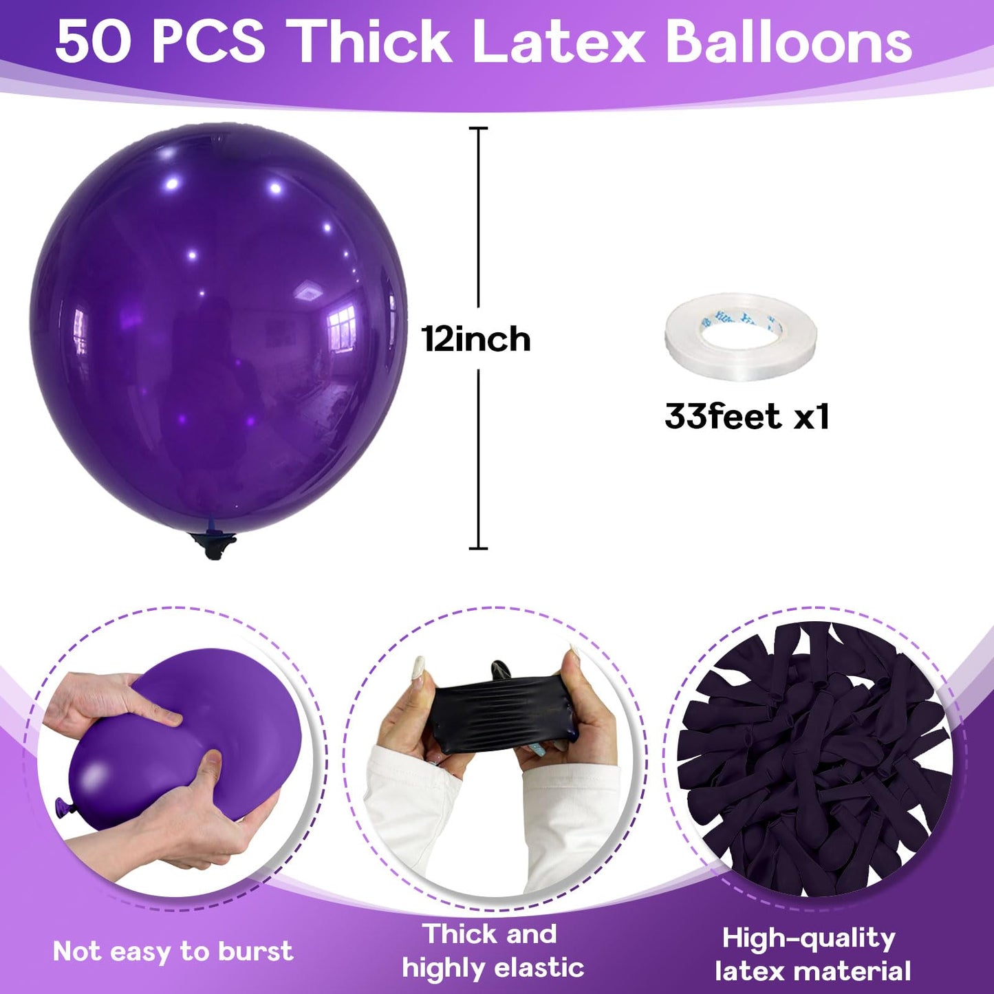 Jobkoo Purple Balloons 12 Inch, 50Pcs Dark Purple Balloon Matte Royal Purple Latex Balloons For Arch Deep Purple Party Helium Ba