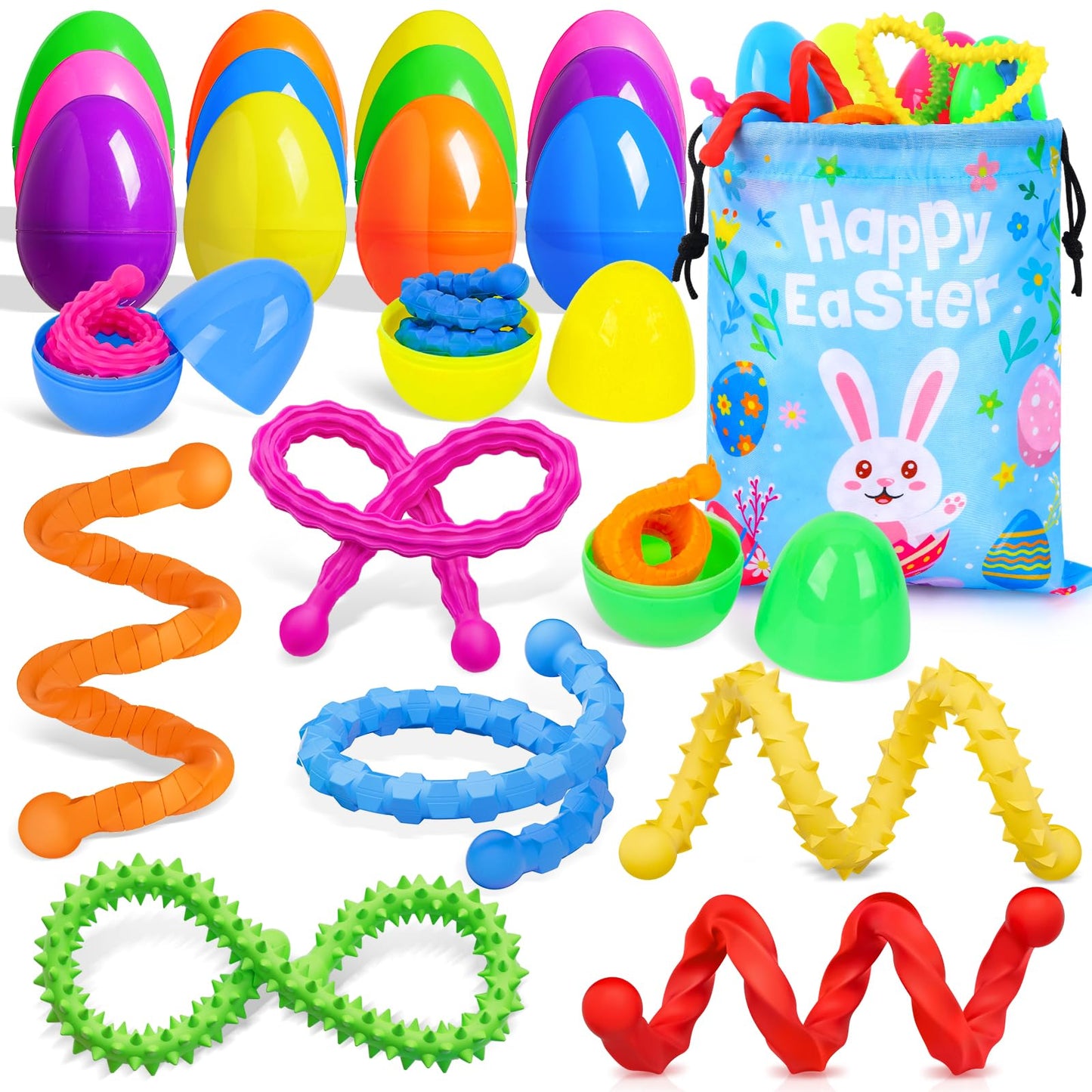 18 Pack Prefilled Easter Eggs with Fidget Sticks Toys, Silicone Sensory Sticks with Easter Bags, Easter Basket Stuffers, Non-Can