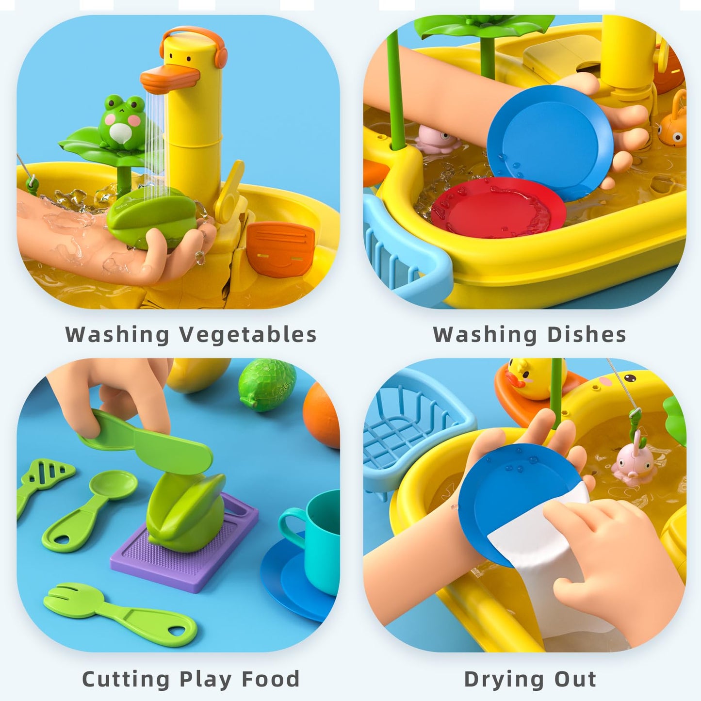 3-In-1 Play Sink With Running Water, Kids Kitchen Sink Toys With Electric Duck Faucet, Pretend Play Kitchen Accessories, Play Fo
