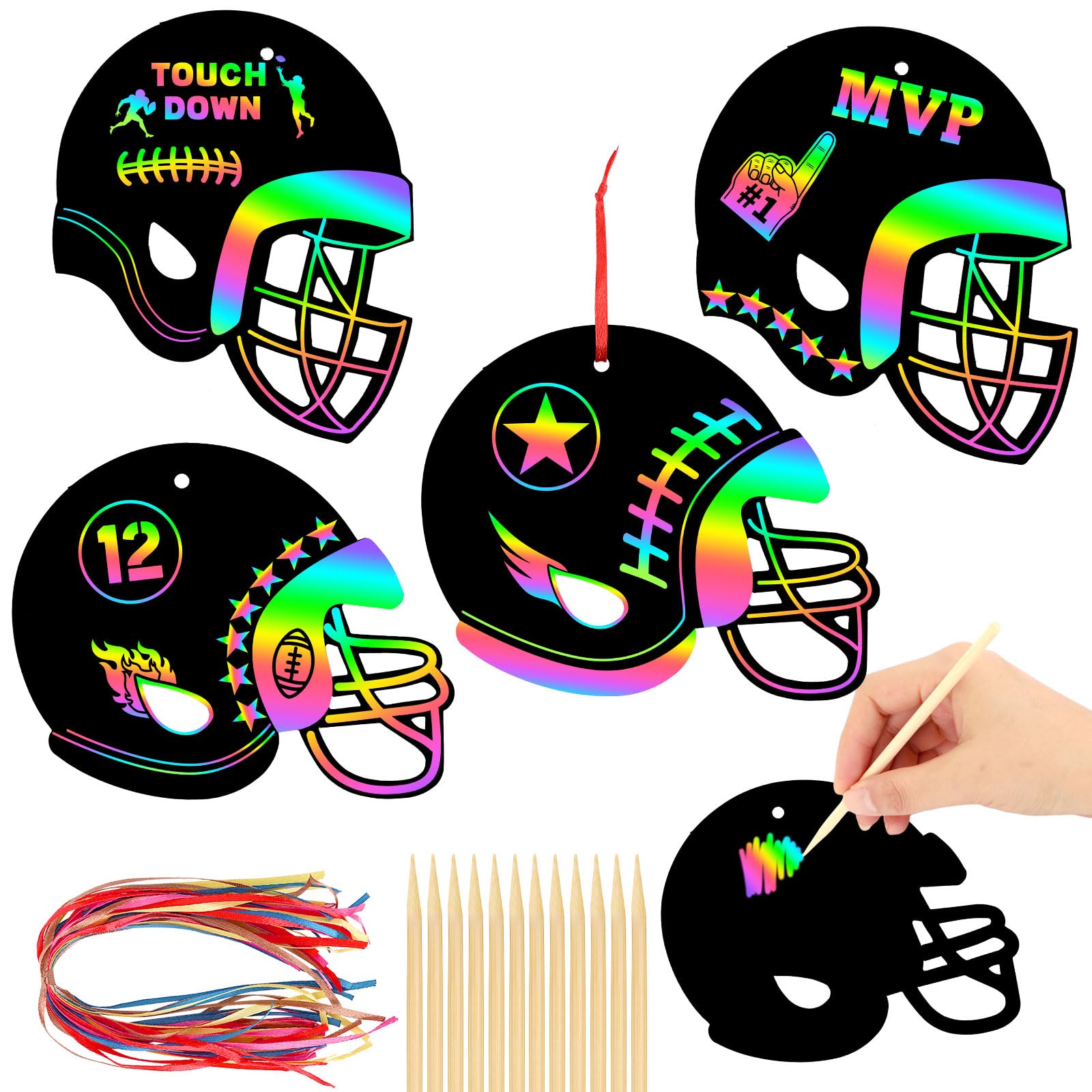 JULMELON 36 PCS Football Crafts for Kids, Rainbow Scratch Paper Art for Kids Football Party Favors Football Helmet Scratch Off C
