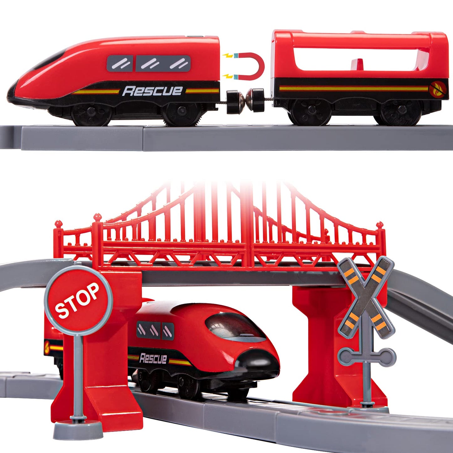 Train Sets For Toddlers, 66 Pcs Trains Toy With Battery Operated & Tracks (Magnetic Connection), Compatible With Thomas, Brio, Christmas Toy Gifts For 3 4 5 6 7 8 Years Old (Fire Engines)