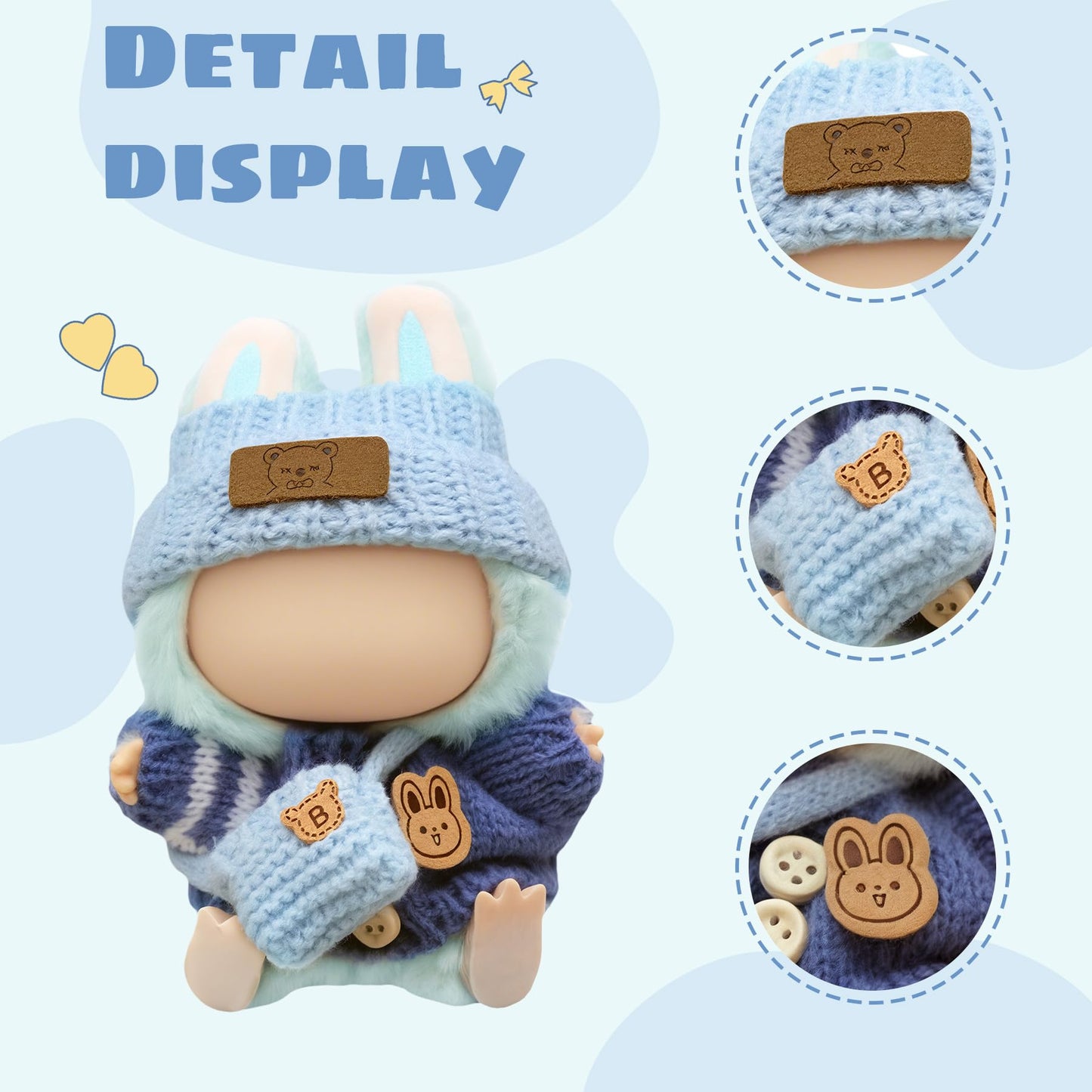 Clothes for 17cm Doll (NO Doll)  Handcrafted Crochet Outfits for 17cm Dolls with Accessories  Boy and Girl 3-Piece Clothes Set  Cute Stylish Clothing with hat and Bag for Dolls Dress up (Blue)