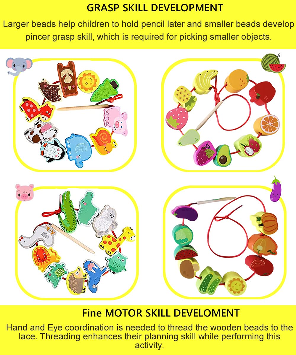 BMTOYS Montessori Wooden Stringing Beads Set - 42 Rainbow Farm Animals & Fruits for Toddlers 3-5 Years