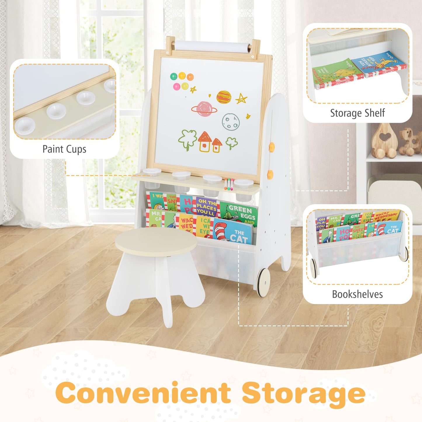 Costzon Easel for Kids, 4 in 1 Toddler Activity Table & Stool w/Magnetic Whiteboard, Chalk Board, Paper Roll, Art Supplies, Larg