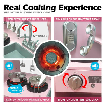 TaoHFE LED Upgrade Kitchen Set for Kids Wooden Play Kitchen LED Gas Tray with Sound Toy Kitchen Sets for Girls Gift Enjoy Cookin