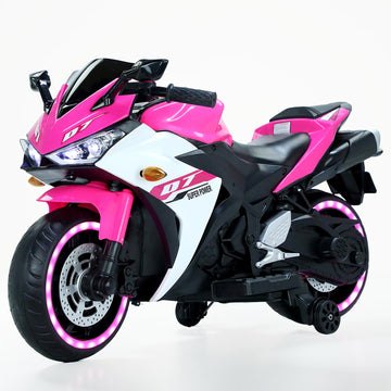 Blitzshark 12V Electric Motorcycle  Kids Motorcycle with Training Wheel  7AH Battery Ride On Motorbike for Kids  3.2 MPH Max Speed  Twist Grip Throttle  Soft Tires  Extra Long Seat  Pink and White
