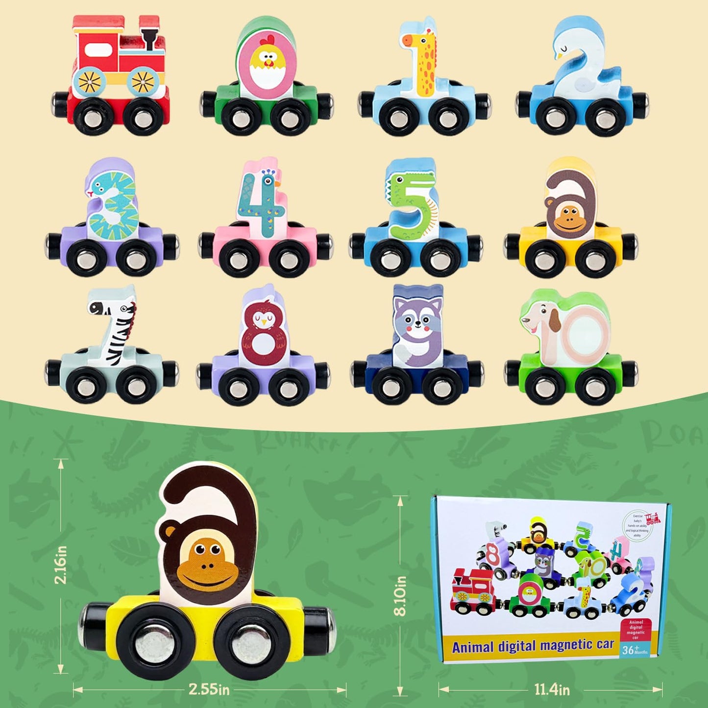 Toddlers Toy For 1 2 3 Years Old Boys Girls, 12 Magnetic Wooden Animal Digital Train Set With Storage Bag,Montessori Toys For 2-