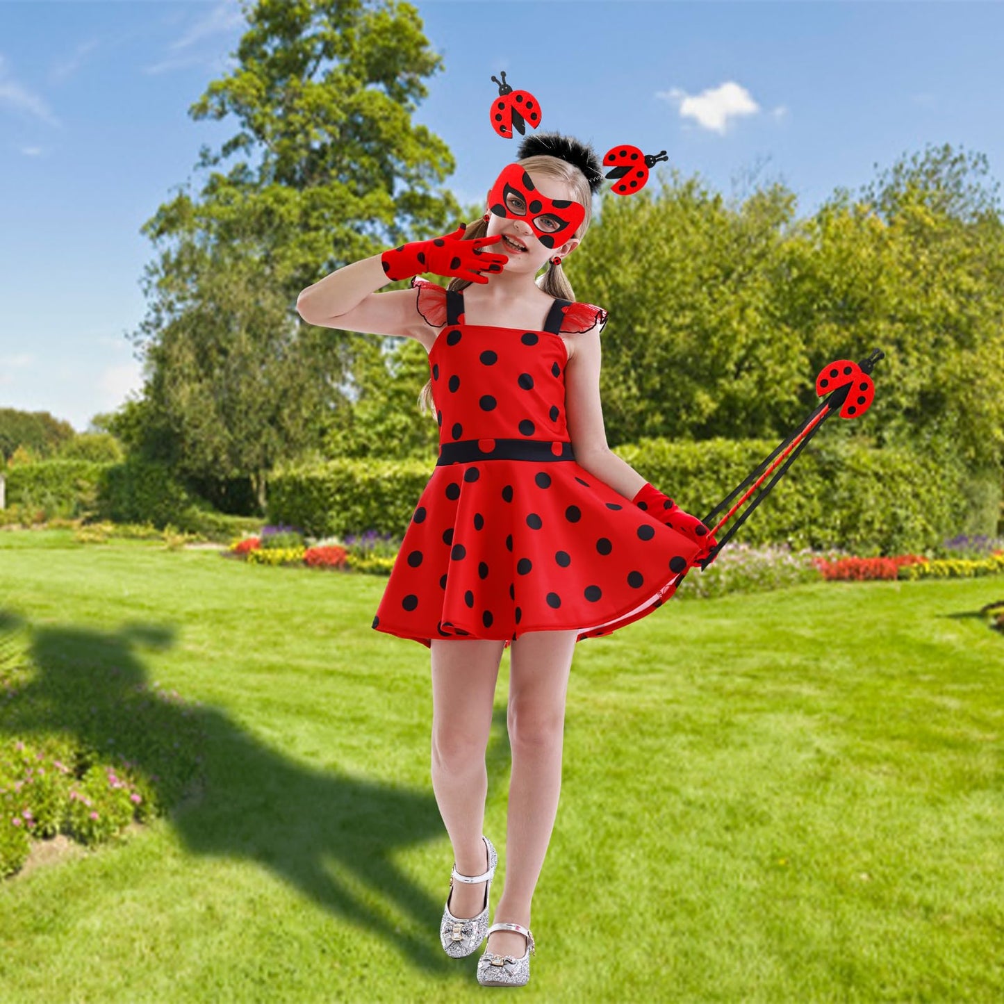 Girls Costume Polka Dots Dress Up Carnival Costume Birthday Outfit Christmas Party Cosplay Mask Gloves Headdress For Kids 110