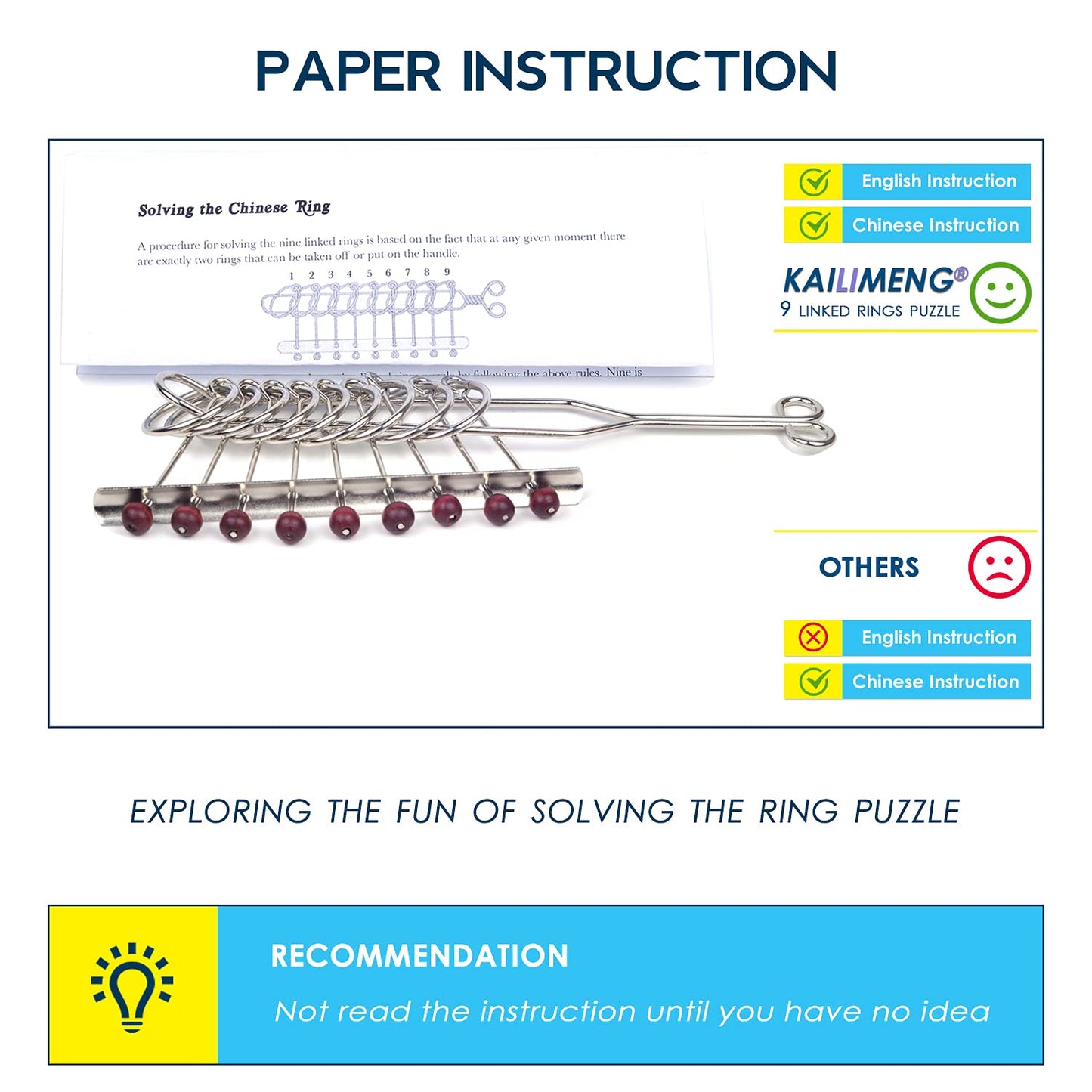 KAILIMENG 9 Linked Rings Metal Puzzle - Adult Brain Teaser - 8.6" x 3.4" IQ Trick Toy - Challenging Mind Game for Adults
