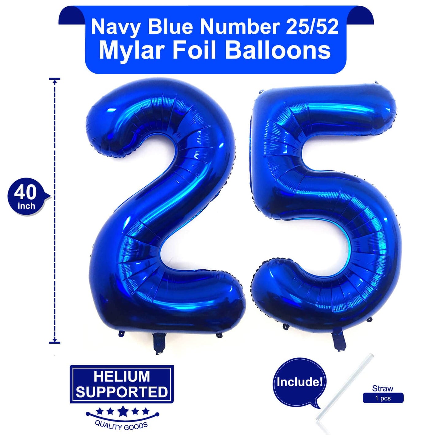 LHOAVWE 40 Inch Navy Blue 25 Foil Mylar Balloons - Giant Jumbo Digital Number Balloons for 25th Birthday and Anniversary Party Decorations