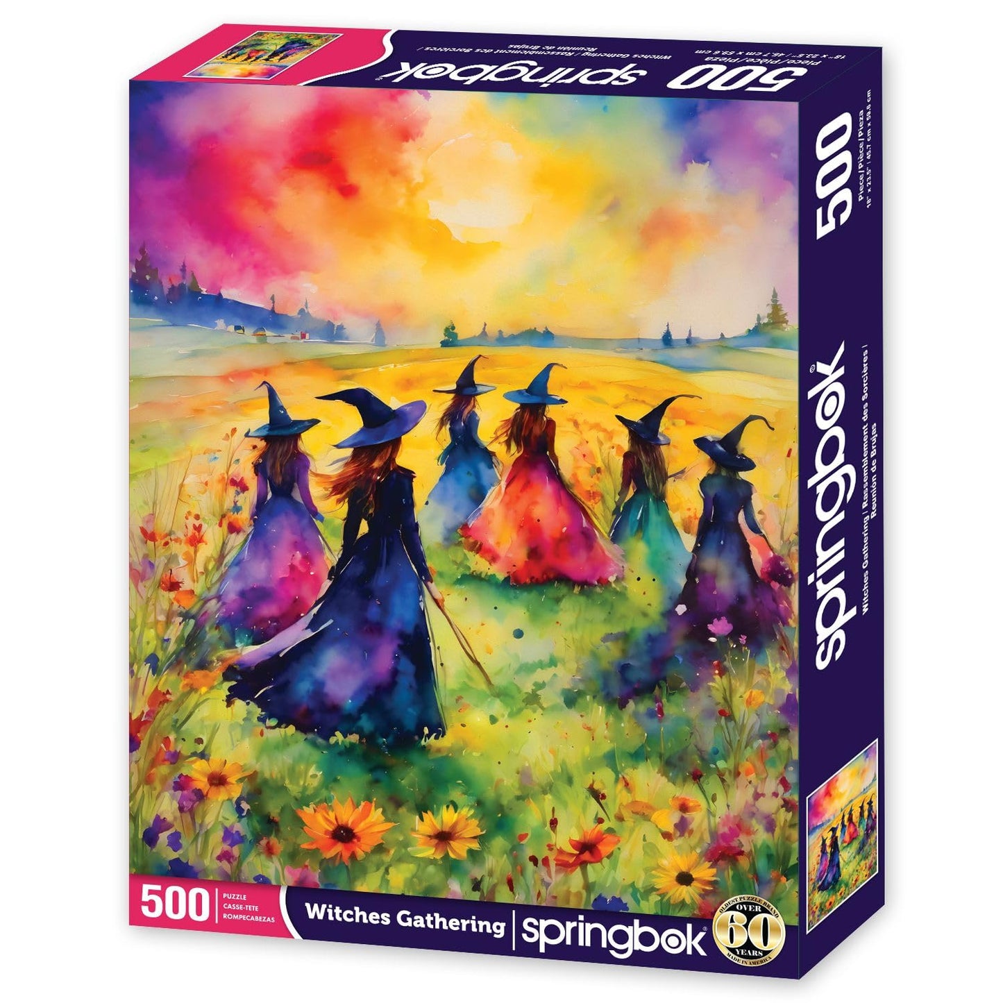Springbok 500 Piece Puzzle - Watercolor Witches Gathering in Blossoming Field, Cardboard Construction, Model 091683017140