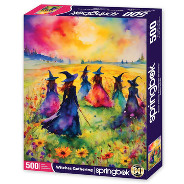 Springbok 500 Piece Puzzle - Watercolor Witches Gathering in Blossoming Field, Cardboard Construction, Model 091683017140