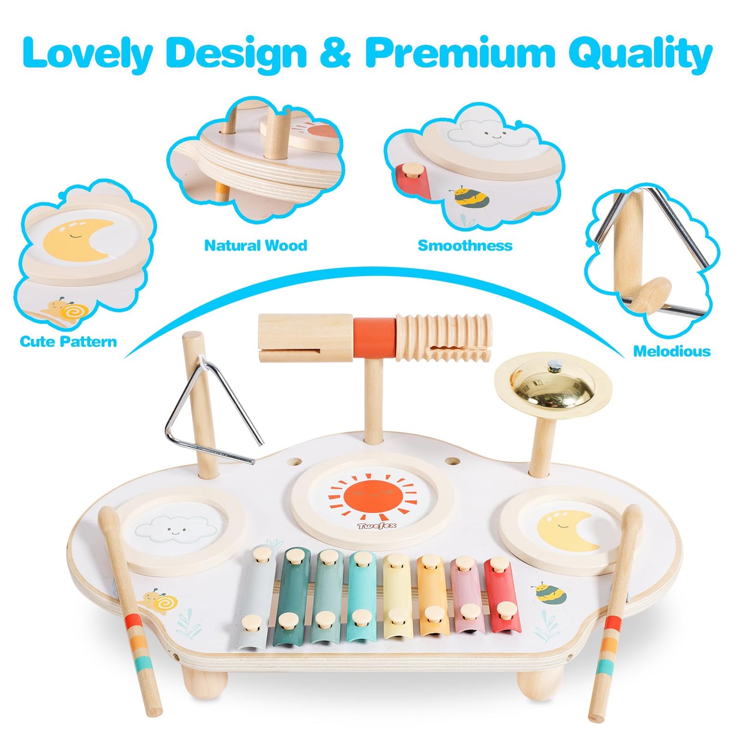 Twefex Kids Drum Set - 9 In 1 Baby Drum Set For Toddlers - Montessori Musical Instruments Toy For Babies - Wooden Xylophone Musi