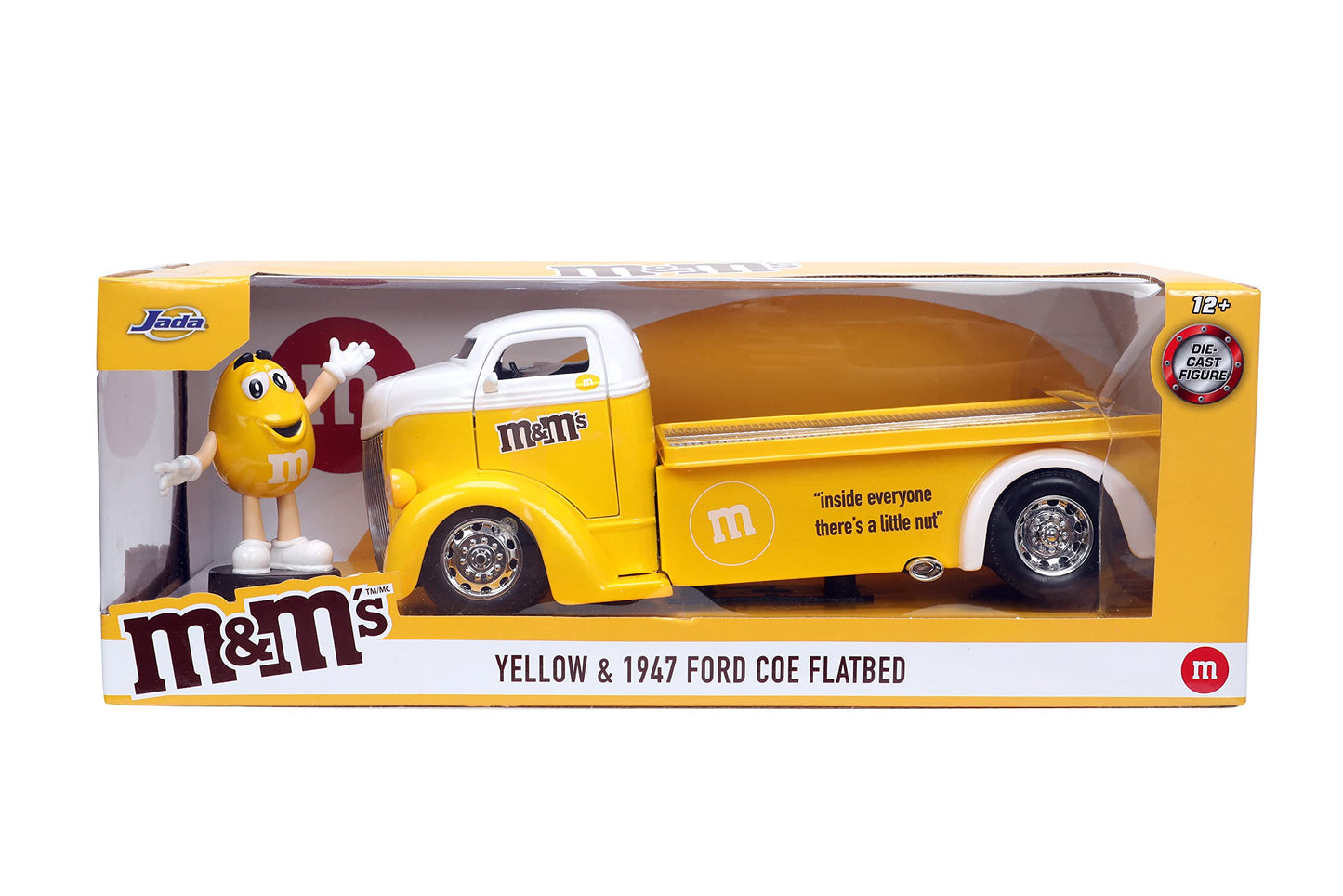M&Ms 1:24 1947 Ford Coe Flatbed Die-Cast Car & 2.75 Yellow Figure Toys For Kids And Adults