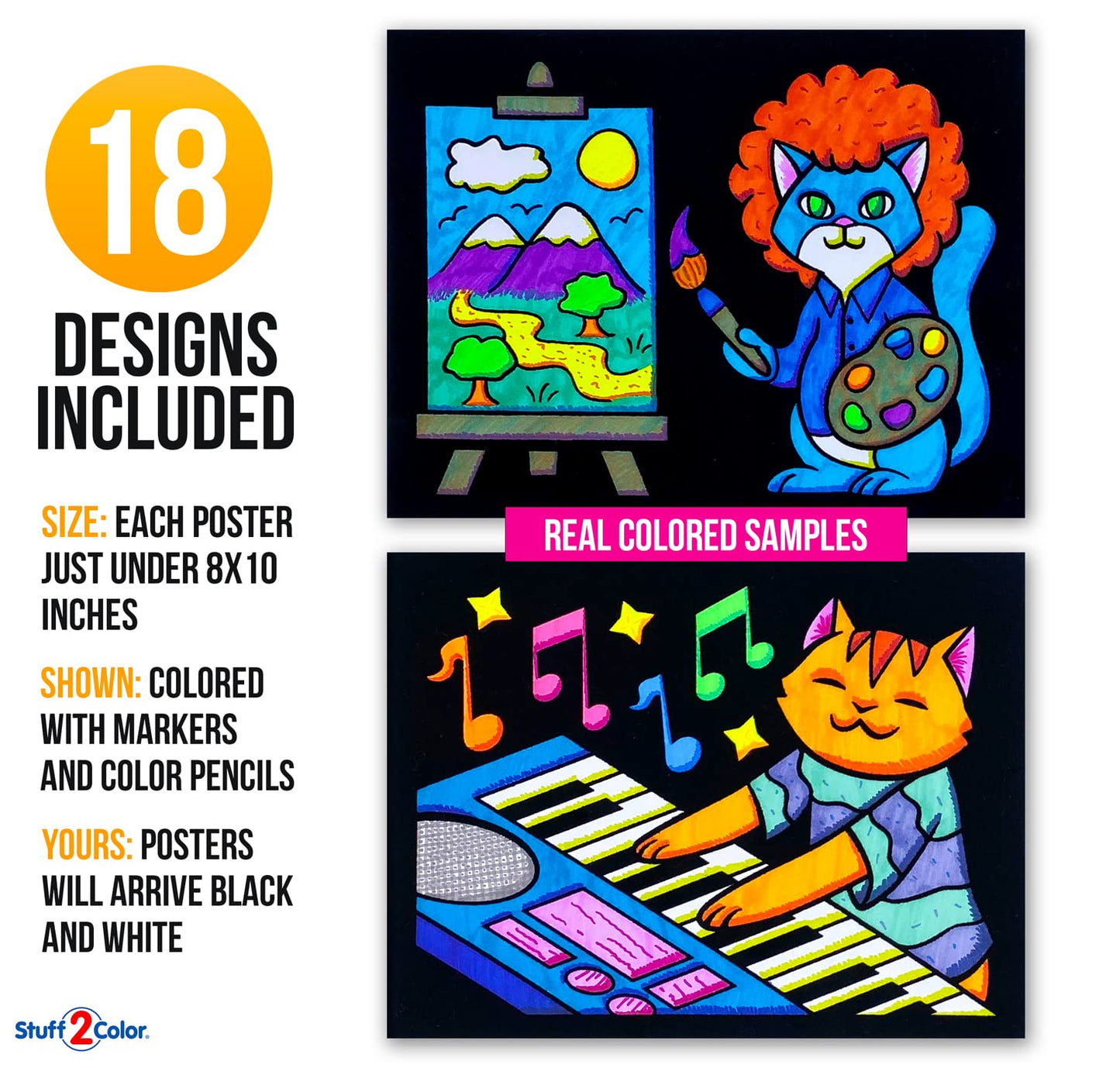 Super Pack of 18 Fuzzy Coloring Posters (Silly Kitties Edition) - Arts & Crafts for Kids, Toddlers, Girls, Boys & Adults - Great