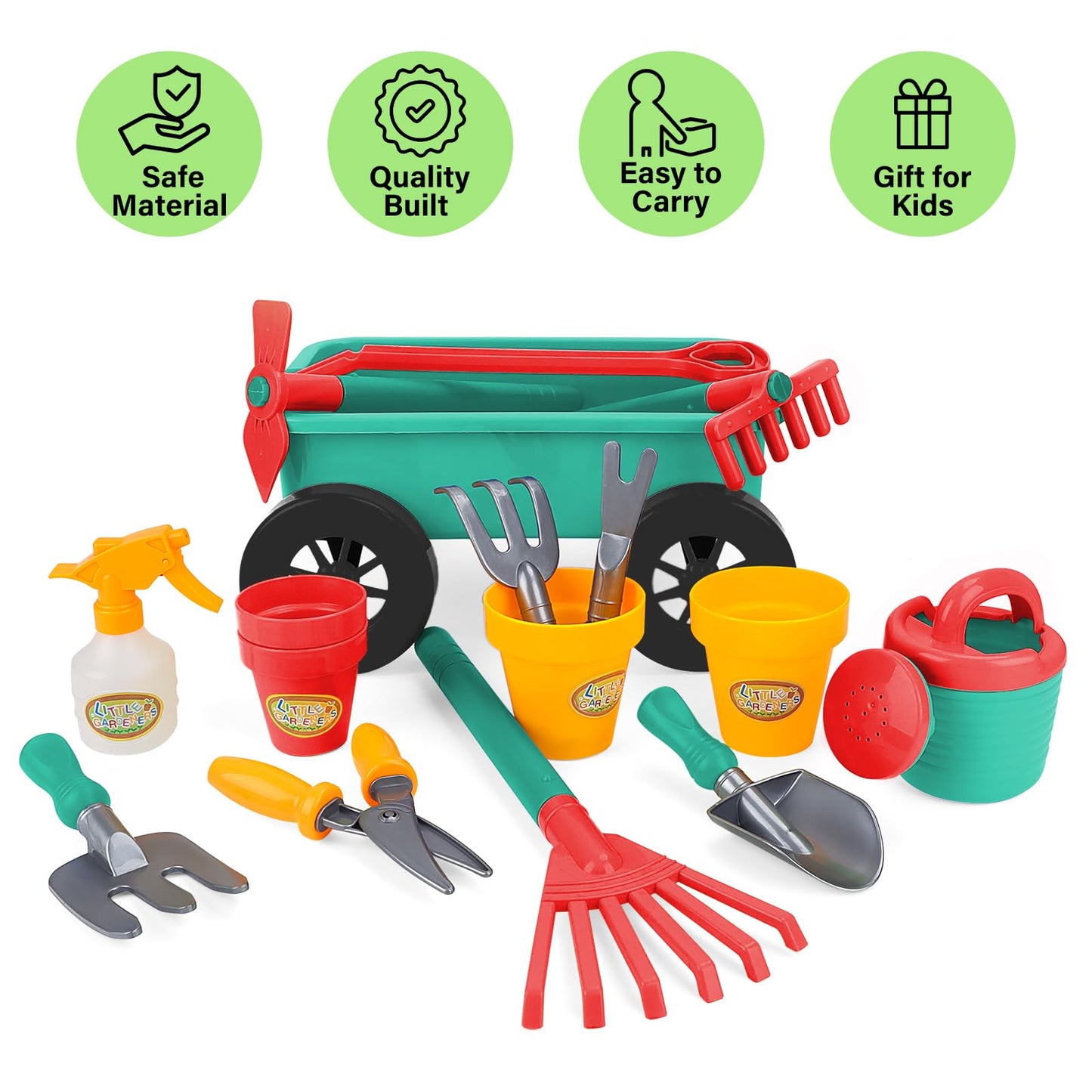 Deao Kids Garden Wagon Wheelbarrow And Gardening Tools Play Set Includes 10 Accessories And 4 Plant Pots,Great Outdoor Toddler T