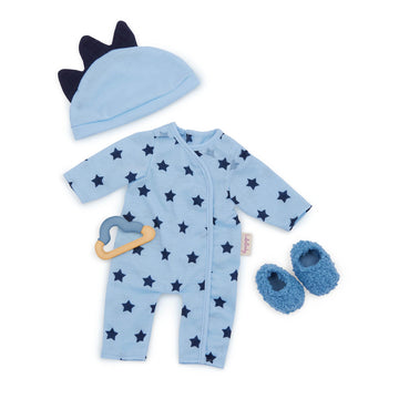 Lullababy - 14'' Baby Doll Clothing Set - Pajama Onesie Outfit - Hat With Soft 3D Spikes, Teether, Fuzzy Slippers - Imaginative