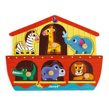 Janod 6 Piece Noah’S Ark Puzzle Themed Wooden Peg Colorful Jigsaw Puzzle - Encourages Shape Recognition, Dexterity, And Language Development - Preschool Kids And Toddlers 18 Months+