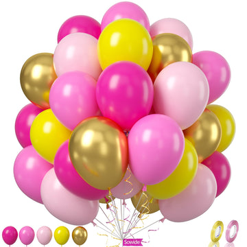Yellow Pink Balloon, 60 Pcs 12 Inches Hot Pink Metallic Gold Balloons For Girls Peach Birthday Party Decorations Birthday Balloons Baby Shower Engagement Party Supplies