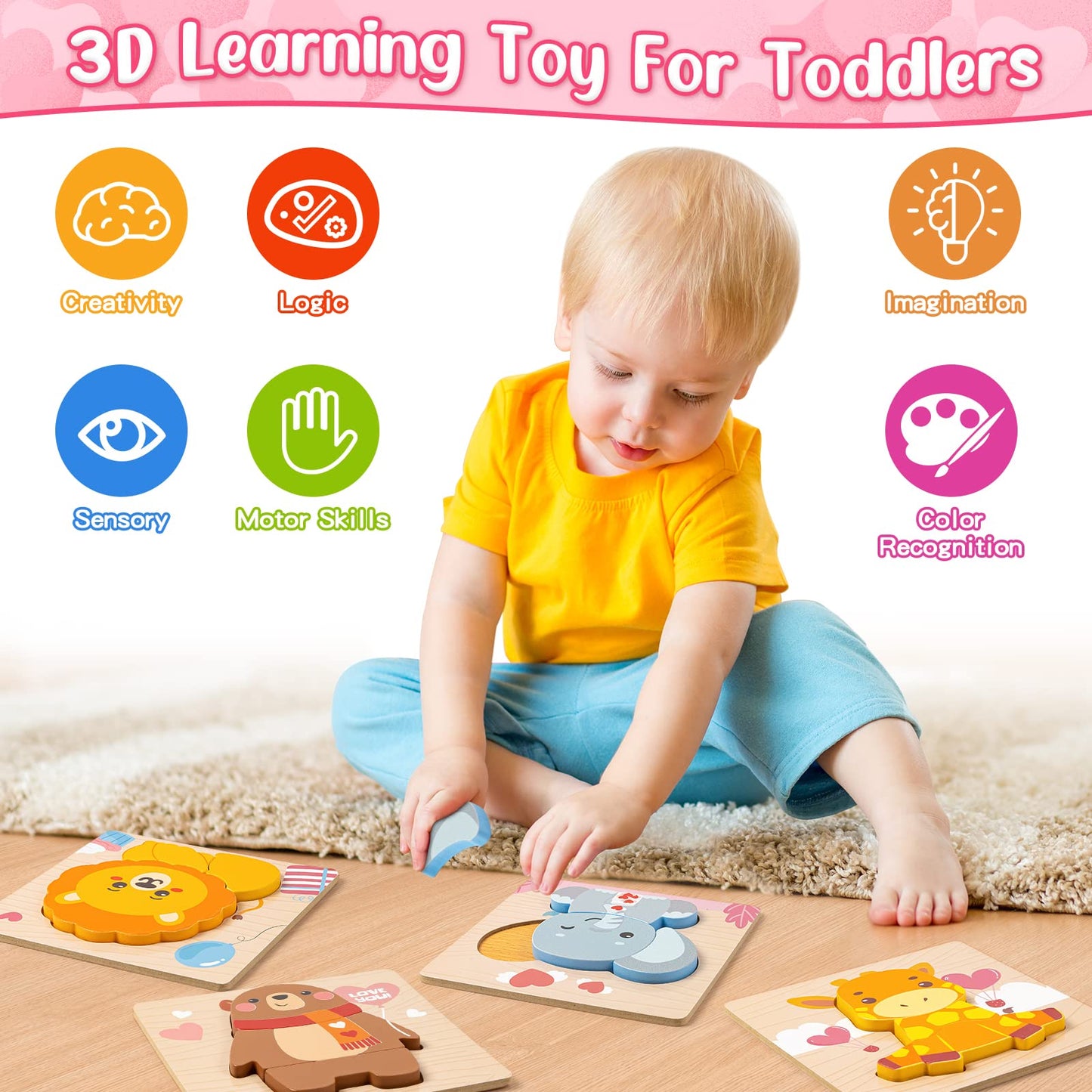 Valentines Toys Gifts For Kids Toddlers - 4 Pack Wooden Puzzles With Animals Design, Valentine Party Favors For Boys Girls, Kids